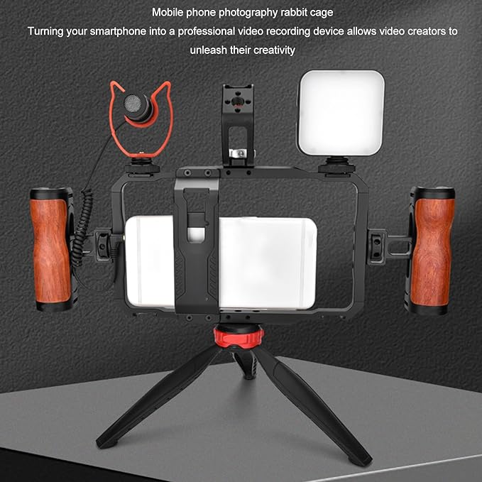 Universal Phone Cage, Aviation Aluminum Phone Video Rig with 12x 1/4 Threaded Holes 4X Cold Shoe Openings, Dual Handle Power Bank Stand, for Pixel 5580mm Width