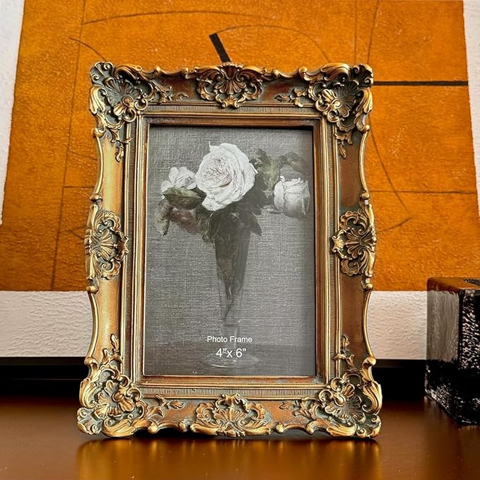 CISOO 4x6 Vintage Picture Frame, Antique Ornate Bronze Gold Photo Frame, for Table Top and Wall Display, Decorative Floral Design Retro Home Decor, Photo Gallery Art