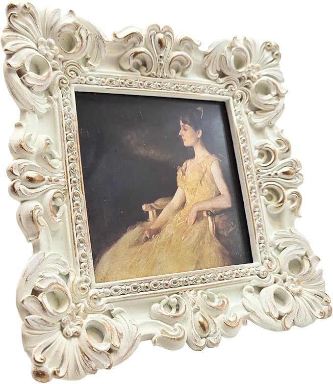 CISOO 4x4 Vintage Small Picture Frame, Antique Ornate White and Gold Square Photo Frame, for Table Top and Wall Display, Decorative Floral Design Retro Home Decor, Photo Gallery Art