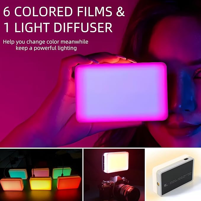 Clip-on Selfie Phone Light Video Recording – 120 Rechargeable CCT LEDs with 6 Color Filters, Light Diffuser, Clip Mount, Hot Shoe - for Phone, DSLR, Laptop, Zoom and Streaming