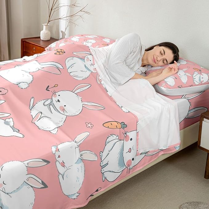 Erosebridal Cute Rabbit Sheet Set Cartoon Bunny Rabbit Pink Fitted Sheet Groovy Flowers Print Bed Sheets Easter Decor Flat Sheet for Kids Boys Girls Full Size with 2 Pillowcases