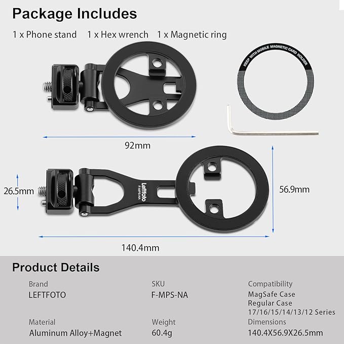 Leftfoto Metal Strong Magnetic Phone Stand with 1/4"-20 ARRI Locating Screw -Adjustable Foldable Holder for iPhone 17 16 15 14 13 12 Pro Max Mini & Magsafe Case,for Vlogging/Video Shooting