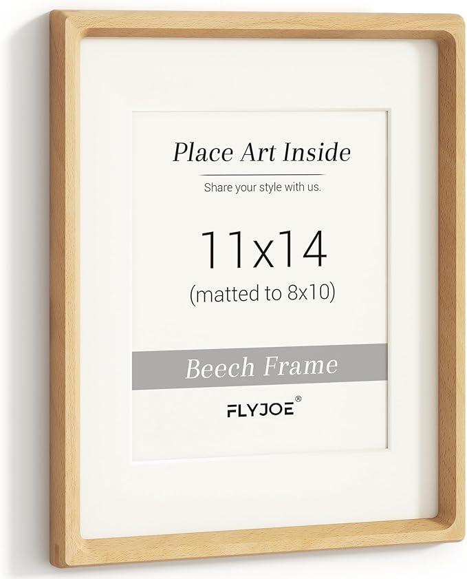 11x14 Picture Frame, USA-Sourced Natural Beech Wood Photo Frame with Tempered Glass, Handcrafted Rounded Corner 11 x 14 Wooden Frame Matted to 8x10 Photos, Hanging Hooks Included