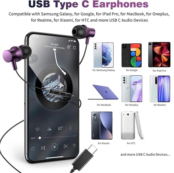 COOYA USB C Headphone Type C Wired Earbuds for iPhone 17 16 15 Pro Max iPad 10 Air 6 Pixel 9 8 Magnetic Bass Noise Canceling In-Ear Earphone+Mic for Samsung Galaxy S25 Ultra A16 S24 S23 for OnePlus 13