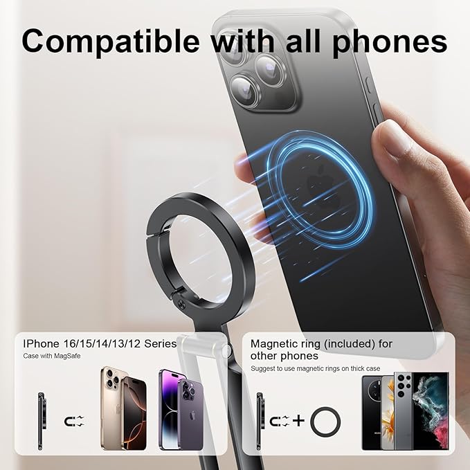 Magnetic Phone Tripod Stand Foldable Magnetic Mini Tripod Pocket Cell Phone Stand with Arca-Swiss, 1/4'' Screw Hole,Compatible with Magsafe for iPhone 17/16/15/14/13/12