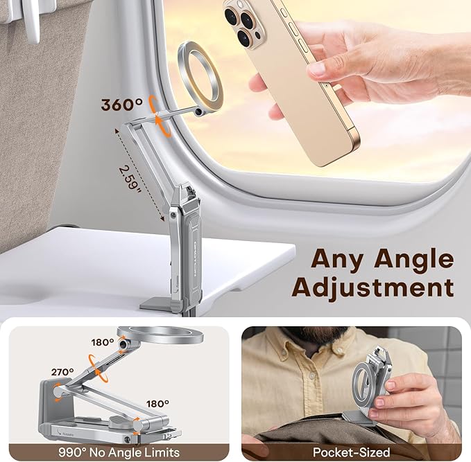 OMOTON 360°Rotating for MagSafe Tripod Mount, Adjustable Aluminum Magnetic Phone Tripod for iPhone 17/16/15/14 Pro Max Air, Foldable Cell Phone Stand Fits Vlog, Gym, Travel Essentials, Silver