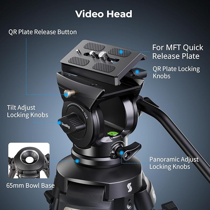 SmallRig AD-50Lite Video Tripod, Heavy Duty Tripod with 360°Fluid Head, 62" Aluminum Alloy Travel Tripods with QR Plate, Lift Rope, Load up to 11lb for DSLR, Camcorder, Camera