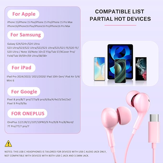 USB C Headphones Wired Earbuds for iPhone 17 16/15 Pro Max/iPad Pro, with HiFi Mic Volume Control Type C Earphones for Samsung Galaxy S25/S24/S23 Ultra, Noise Cancelling for iPhone 15 Headphones, Pink