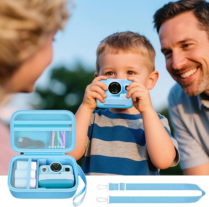 Kids Instant Print Camera Case for Dylanto/for Gofunly/for DUDUDRAGON/for ESOXOFFORE, Digital Video Camera Storage Box with 3 Roll Papers, Hold for Color Pen and Accessories (Bag Only)- Blue