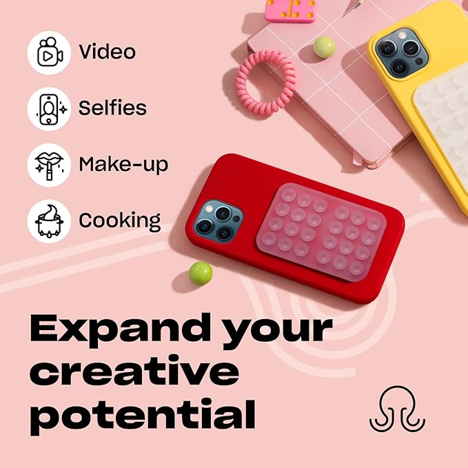 OCTOBUDDY Classic - Silicone Suction Phone Case Adhesive Mount - Hands-Free, Strong Grip Holder for Selfies & Videos - iPhone & Android Compatible - 2.25″ x 3.25″, Transparent