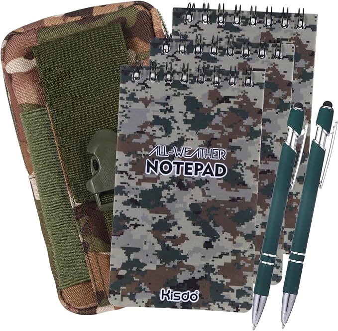 6 Pcs Waterproof Notebook Set, Write in The Rain Notebook, All Weather Notebook, Police Notepad, Field Notes Notebooks, 3 × 5" Pocket Notebook with Pen and Cover for Outdoor Activities Recording (Camouflage green)