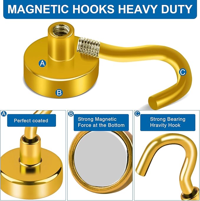 LOVIMAG Magnetic Hooks for Cruise Cabins, 17 0Lbs Cruise Magnets, Yellow Magnetic Hooks Heavy Duty for Hanging, Refrigerator, Grill-4 Pack