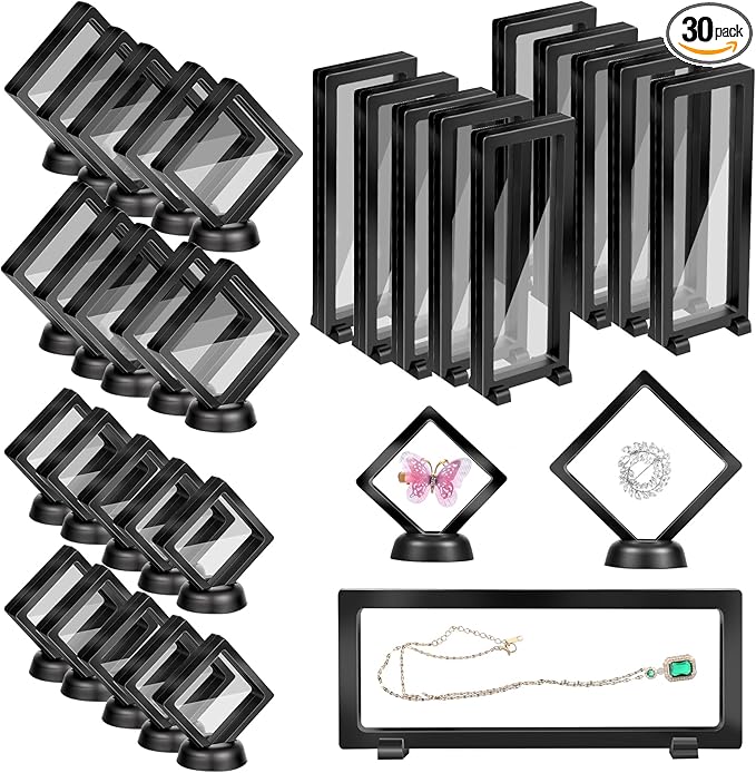 30 Pack 3D Floating Display Stand Floating Frame Display Case Coin Display Holder Transparent PE Jewelry Storage Box for Jewelry,Specimen,Medallions(Black)