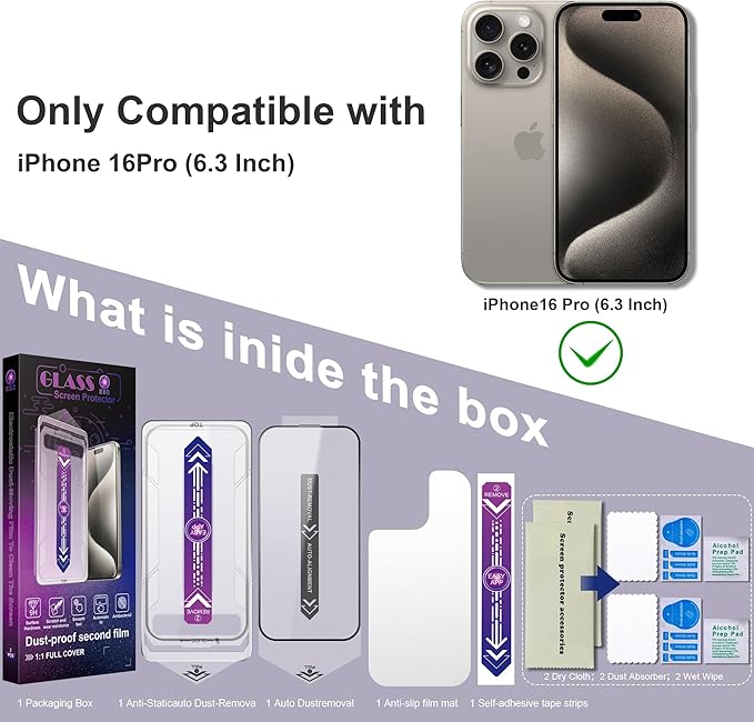 CHRYSHA 2 Pack Screen Protector for iPhone 16 Pro, 9H Tempered Glass, Full Coverage, Anti-Fingerprint, Auto Dust-Elimination, No Bubble, Easy Installation