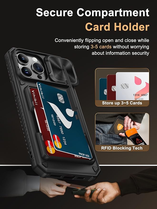 Vihibii for iPhone 14 Pro Max Case with Card Holder (4 Cards) [RFID Blocking] & Slide Camera Cover, Military Grade Drop Protection, Rugged Hard Back & Silicone Edge Wallet Case, 6.7" 2022, Black