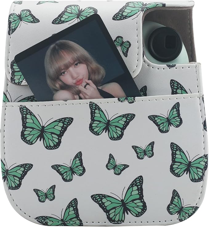 Frankmate Protective Case Compatible with Instax Mini 12 11 9 8 Instant Film Camera with Pocket and Adjustable Strap (Green Butterfly)