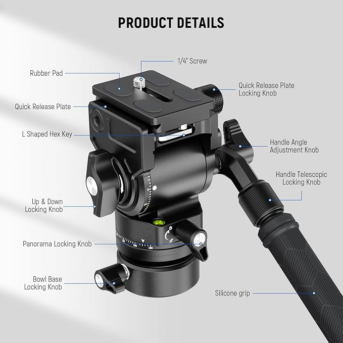NEEWER Tripod Fluid Head with +/-7° Leveling Base (φ48mm), Metal Mini Pan Tilt Video Head Mount with Arca Type QR Plate, Telescopic Handle for Compact Video Camera DSLR Camera, Max Load 11lb/5kg, GM35