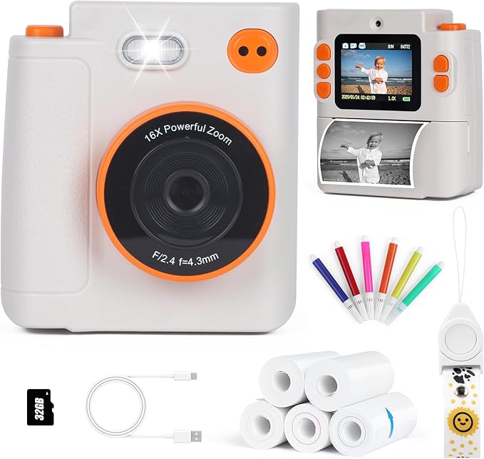 Kids Camera Instant Print, 1080P HD Dual-Lens Selfie Digital Camera with 5 Printing Paper Rolls & 32G TF Card, for Children, Portable Toddler Toy for Age 3-12 Boys & Girls (White)
