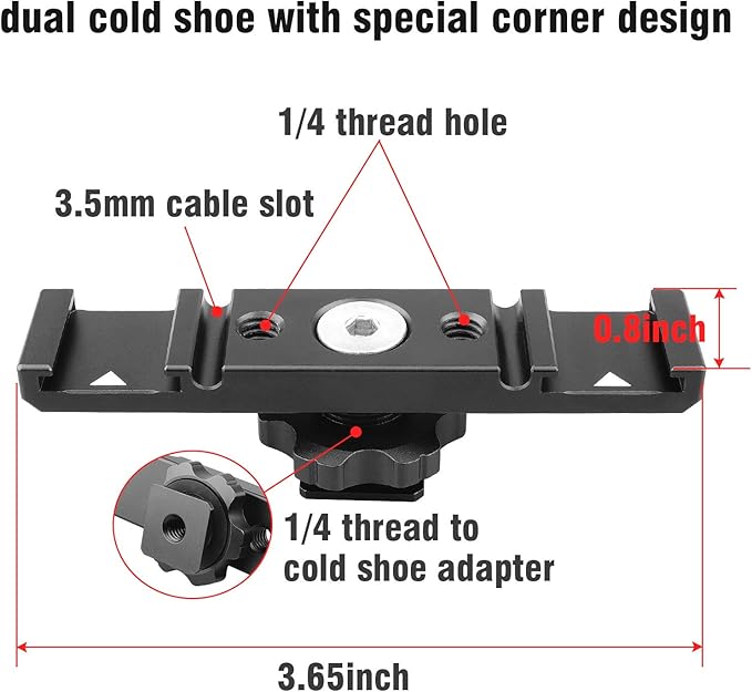 Chromlives Hot Shoe Mount Bracket Dual Hot Shoe Extension Bar Aluminum Mounting Plate Adapter Double Extension Shoe for LED Video Light Screens