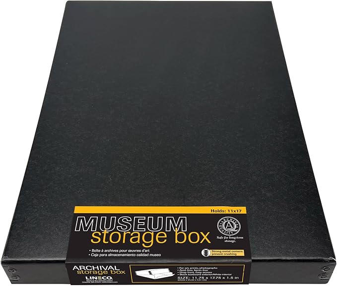 Lineco Museum Archival Storage Box, 11.75x17.75x1.5 in. Drop Front Design. Acid-Free with Metal Edge. Organize Photos, Pictures, Prints, Documents, Crafts, DIY. Black, 1 Pack