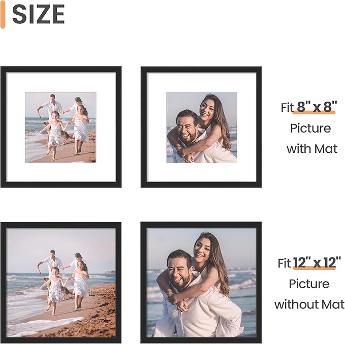 upsimples 12x12 Picture Frame Set of 10, Display Pictures 8x8 with Mat or 12x12 Without, Multi Photo Frames Collage for Wall or Tabletop Display, Black