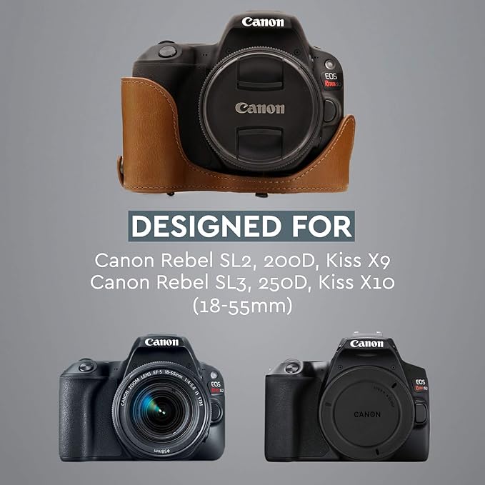 MegaGear Leather Camera Case Compatible with Canon EOS Rebel SL3, Kiss X10, Rebel SL2, Kiss X9 18-55mm Lens