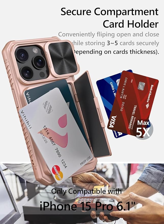 Vihibii for iPhone 15 Pro Case Wallet with Slide Camera Cover, Built-in Card Holder (4 Cards) & Kickstand, Heavy Duty Shockproof Rugged Phone Protective Case for iPhone 15 Pro 5G 6.1" 2023, Rose Gold