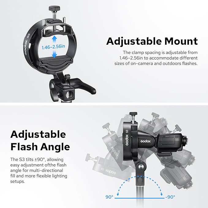 Godox S3 Speedlite Bracket, S-Type Bracket Updated Version Bowens Mount Holder for Godox V1 V1Pro V100 AD300Pro AD300ProII AD200ProII AD200Pro AD200 V860II V860III TT350, Support ±90° Angle Adjustment