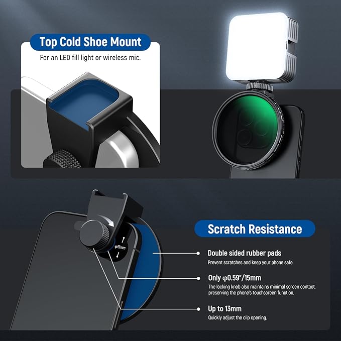 NEEWER Clip On Phone Filter Kit, 67mm Multicoated Variable ND Filter ND2-32 with Cold Shoe Cell Phone Clamp, Carrying Case & Cleaning Cloth Accessories Compatible with iPhone Samsung Android, FL-82
