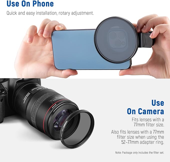 NEEWER 77mm Lens Filter Kit with Phone Lens Clip, CPL + ND32 + Star + 4 Graduated Color Filter Compatible with iPhone 17 16 16e 15 14 Pro Max Canon Nikon Sony Camera