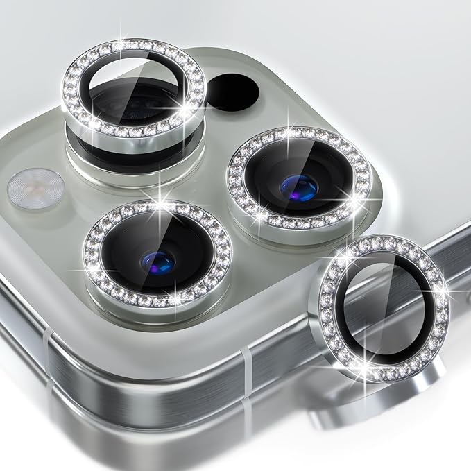 Choiche Compatible for iPhone 16 Pro/iPhone 16 Pro Max Camera Lens Protector Bling, 9H Tempered Glass Camera Cover Screen Protector Metal Ring Decoration Accessories (Diamond-Silver)
