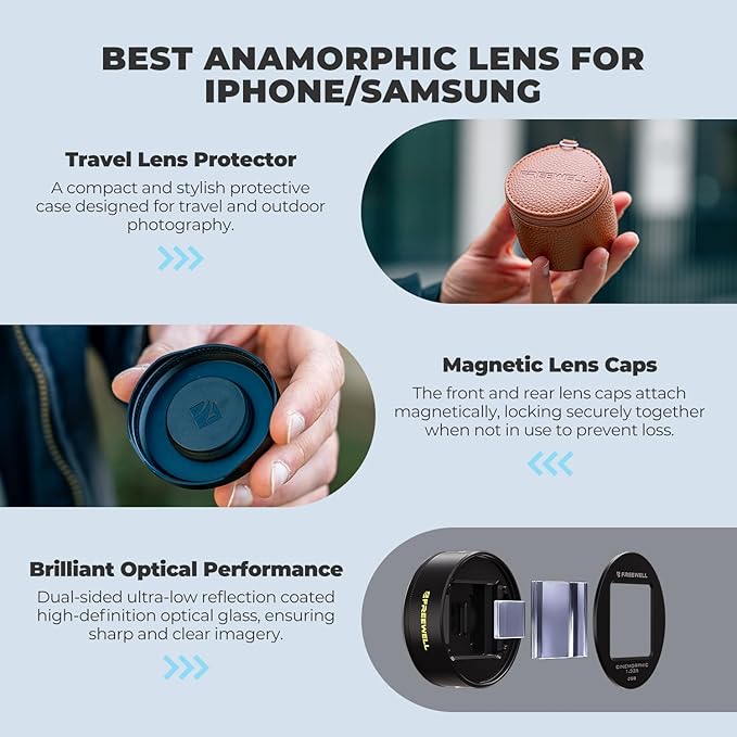 Freewell 1.55x Blue Anamorphic Lens Compatible with 17mm Mount iPhone & Samsung - Cinematic Smartphone Lens with Ultra-Wide View, Sci-Fi Blue Flare, and Enhanced Video Quality