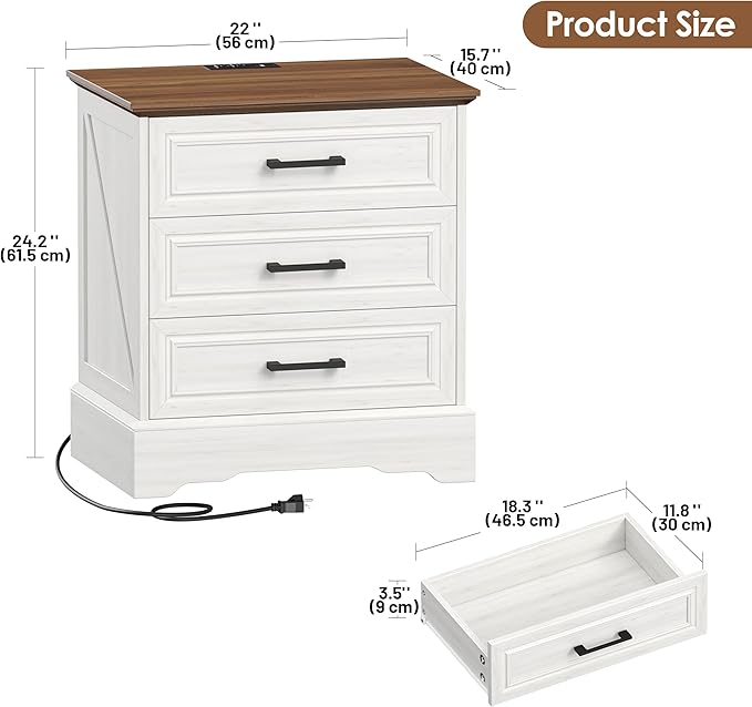Farmhouse Nightstand with Charging Station, 22" Wide Bedside Table with 3 Large Drawers & Bar Handles, Side End Table with Stable Support Base, for Bedroom, Off White