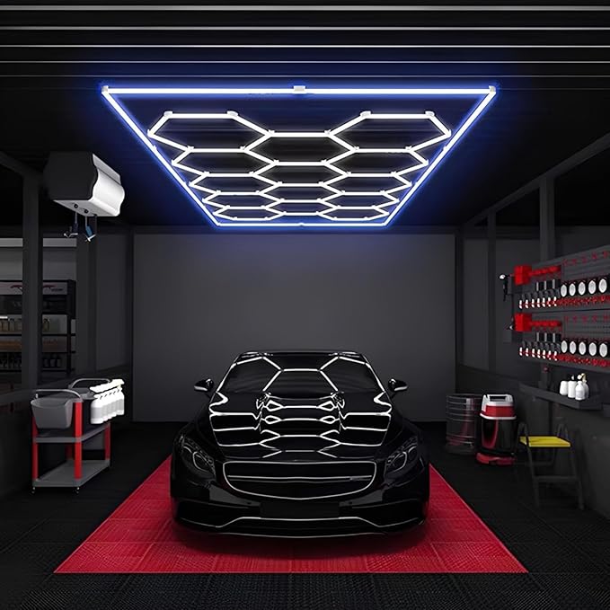 Hexagon Garage Lights with Multi-Coloured Rectangle Frame, High Bright 6500K 14 Grid Hexagon LED Ceiling Light Colourful Hexagonal Garage Light For Car Decoration, Workstation and Workshop Lighting
