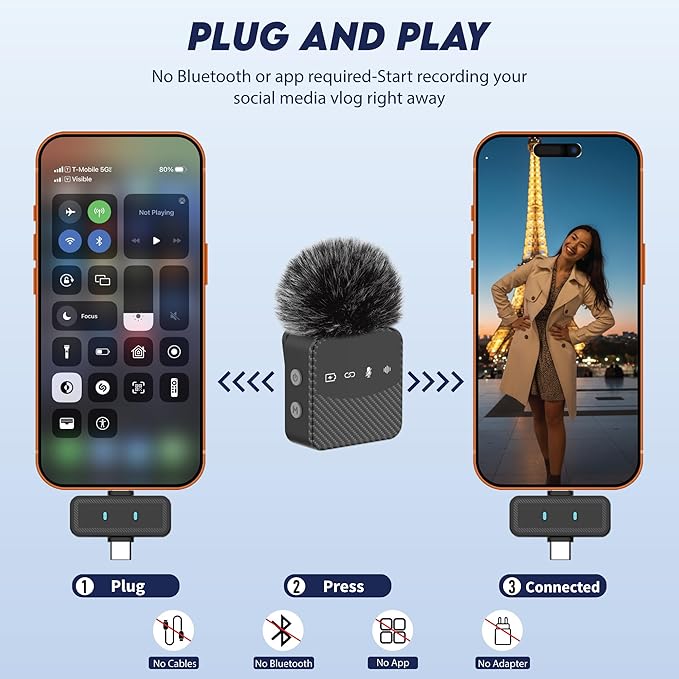 Wireless Lavalier Microphone for iPhone & Android, Auto-Pairing Noise-Reduction Clip-On Mini-Mic with Charging Case, Headphone Monitoring, Wide Compatibility for Recording & Vlogging