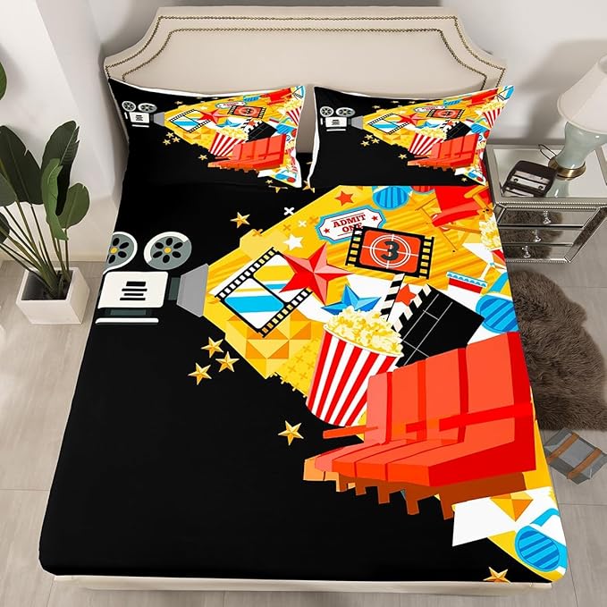 Erosebridal Movie Bed Sheets Set Queen Home Theater Decor Sheet Set for Boys Girls Family Movie Theater Decor Sheets Film Lover Modern Fitted Sheet Popcorn Filmstrip Print Flat Sheet