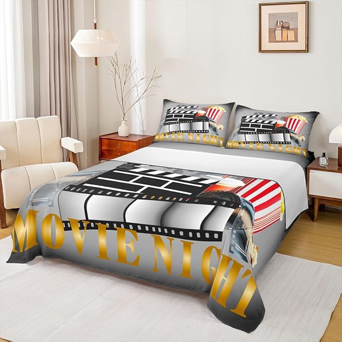 Erosebridal Movie Sheet Set Twin Home Theater Decor Bed Sheets Set for Boys Girls Family Vintage Cinema Style Sheets Movie Theater Fitted Flat Sheet Clapboard Popcorn Filmstrip Print Bedding Sets