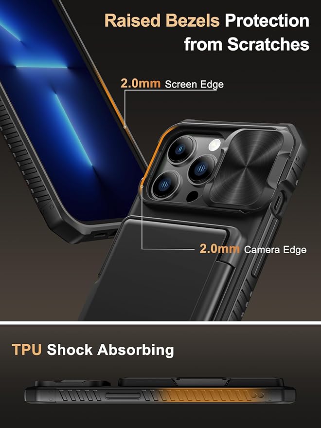 Vihibii for iPhone 13 Pro Case with Card Holder (4 Cards) [RFID Blocking] & Slide Camera Cover, Military Grade Drop Protection, Rugged Hard Back & Silicone Edge Wallet Phone Cover 5G 6.1" 2021, Black