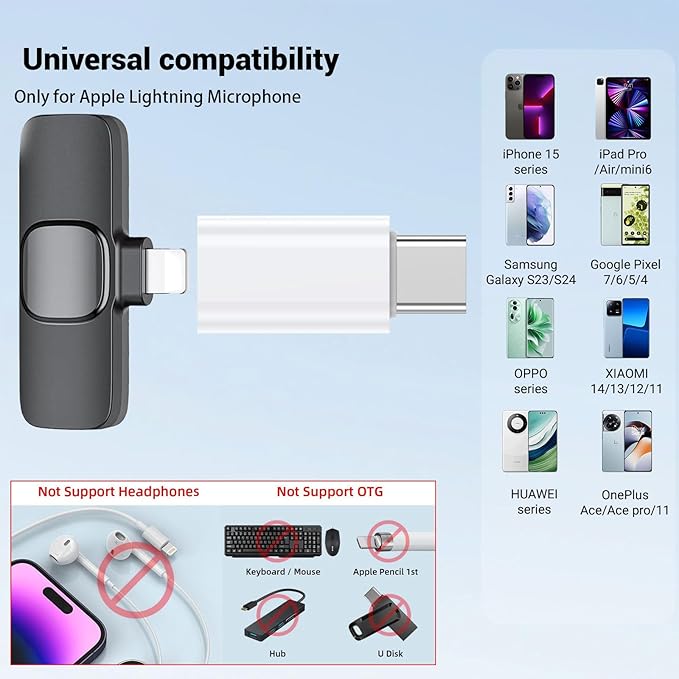 Type C to Lightning Microphone Adapter, USB C Male to Lightning Female Converter for Wireless Lavalier Microphone to your phone, Not for Headphone and Data, also Can charge for iPhone17/ 16 Series etc