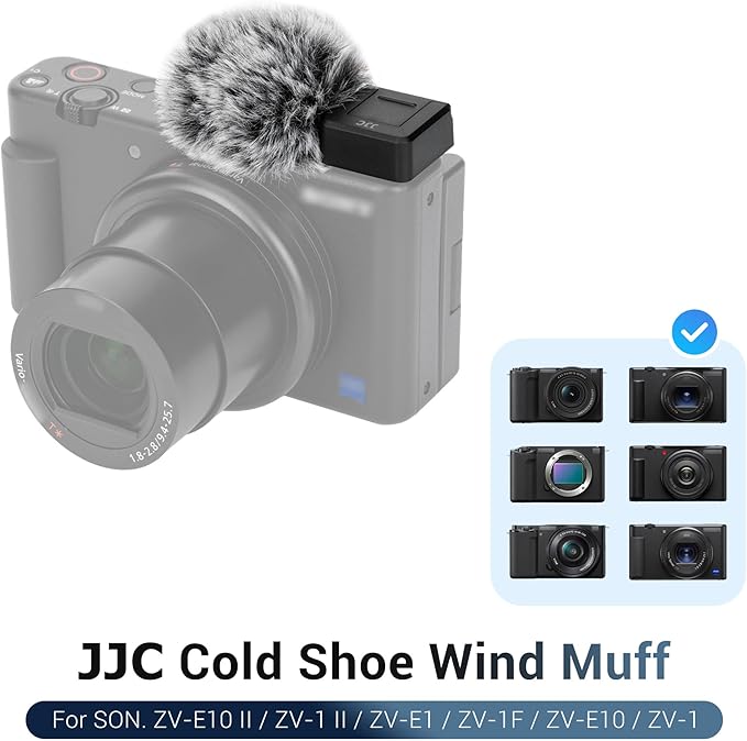 JJC Cold Shoe Wind Muff for Sony ZV-E10 II ZVE10 ZV-1F ZV1F ZV-1 II ZV1 ZV-E1 ZVE1 Vlog Cameras, Furry Windshield with Cold Shoe Mount Adapter for LED Light Microphone Attachment Vlogging Accessories