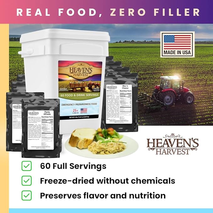 Heaven’s Harvest 25-Year Family Food Kit — Emergency Food Supply. Freeze Dried Survival Food Kit + Water-Proof 25-Year Storage Bucket. MRE Meals/Non-Perishable & Perfect Camping Food (60 Servings)