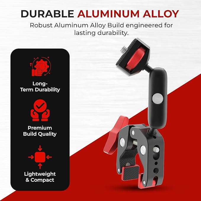 REFLEX CAMERA Super Clamp & Magic Arm Mount with Double Ball Head – 2kg Load Capacity, 1/4” & 3/8” Screw, Adjustable for Monitors, LED Lights, Mics, Smartphone, Gopro - Flexible & Durable
