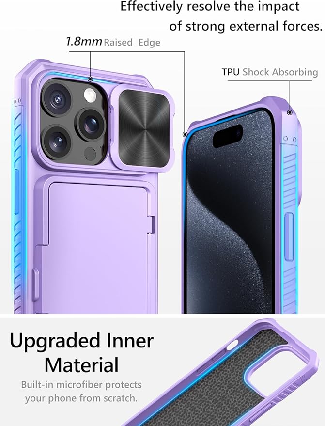 Vihibii for iPhone 15 Pro Case with Card Holder (4 Cards) & Slide Camera Cover & Kickstand, Shockproof Rugged Durable Hard Back & Soft Edge Wallet Phone Case for iPhone 15 Pro 5G 6.1" 2023, Purple