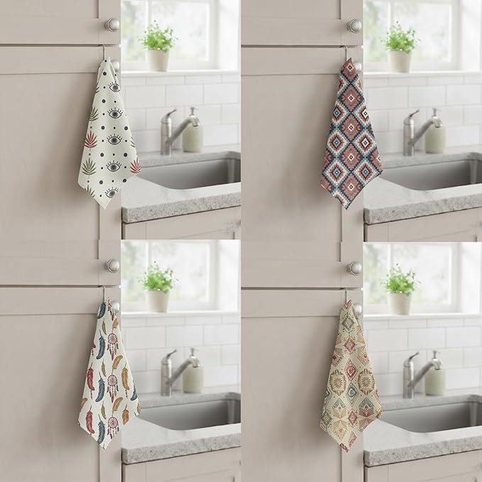 8-Pack Ultra-Fine Microfiber Kitchen Towels, 7-Inch Square with 8 Clips & Multiple Patterns – Soft, Absorbent, Reusable Cleaning Cloths (Bohemian Style)