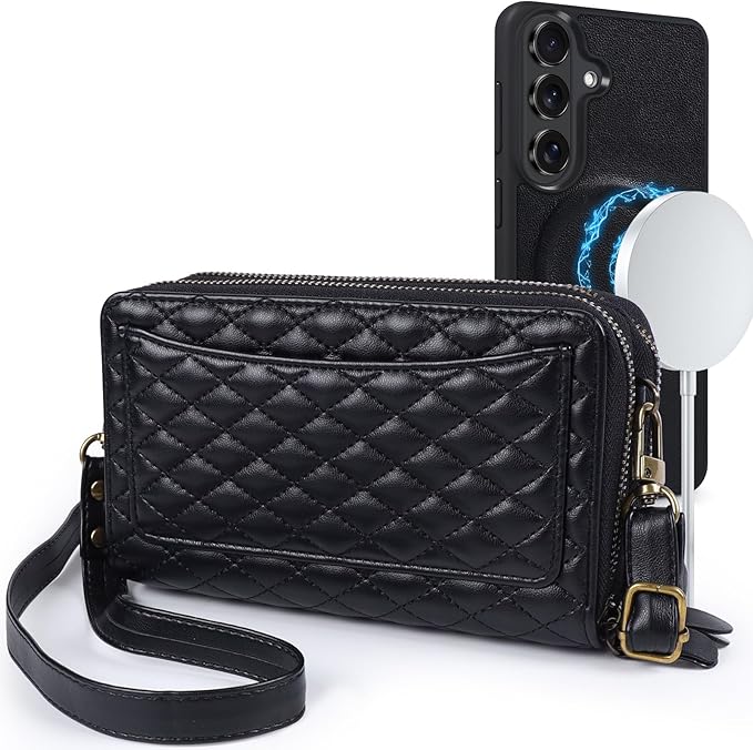 Harryshell Compatible with Samsung Galaxy S26 Plus Case Wallet Multi Zipper Detachable Removable Cover Purse with Card Slots Holder Mirror Crossbody Strap (Compatible with Magsafe - Black)