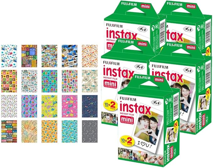 5X Fujifilm instax Mini Instant Film (100 Exposures) + 20 Sticker Frames for Fuji Instax Prints Travel Package