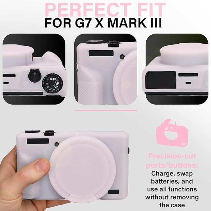 STSEETOP Camera Case for Canon PowerShot G7X Mark III - Protective Silicone DSLR Skin with Lens Cover, Detachable Cage, Shockproof, Dustproof (Jelly Pink)