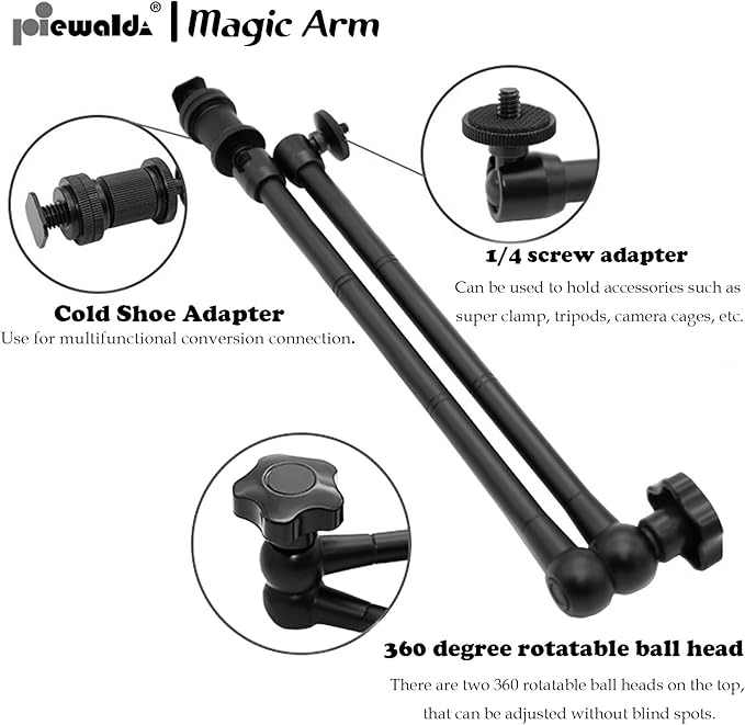 20" Magic Arm Clamp Kit with 1/4" & 3/8" Thread Clamp,Adjustable Friction arm- Articulating arm,with/Phone Clip/Tripod Mount Adapter,for Action Camera/DSLR/LCD Monitor/LED Lights/Cell Phone