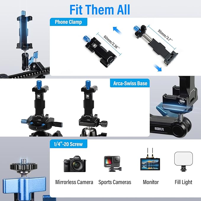 SIRUI Articulating Camera Mount Clamp with Phone Holder, Magic Arm Super Clamp with 1/4"-20 Thread and 3/8"-16 Locating Hole for ARRI, Ball Head Mount for Camera Monitor and Bicycle, MA-GK, Black