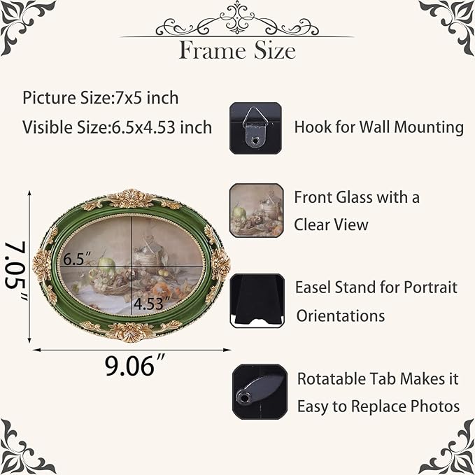 Vintage Picture Frames 5x7 Ornate Green and Gold Antique Pictue Frames with Real Glass Cover for Wall & Tabletop Display Victorian Home Decor Gallery Wall Decor,Oval
